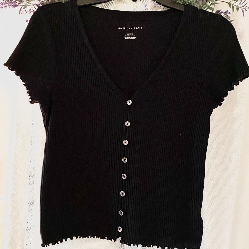 AE Black Short Sleeve Shirt with Ruffled Edges